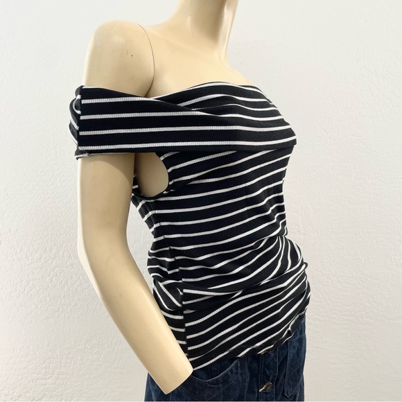 Free People Black and White Off-Shoulder Striped Blouse- L - Picture 5 of 13